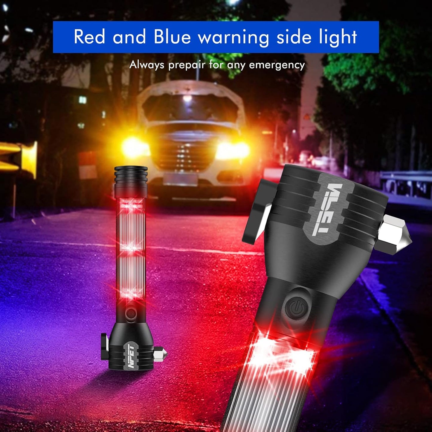NPET T10 Car Flashlight 500 Lumens LED COB Light Solar Powered USB Rechargeable Tactical Multi-Function Torch Tool with 120dB Siren Window Breaker Seat Belt Cutter Compass for Camping