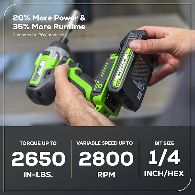Greenworks 24V Brushless 2 pcs Cordless Power Tool Combo Kit, 2650 in-lbs Impact Driver and 530 in-lbs Hammer Drill, with 2 x 2Ah Batteries and 2 chargers