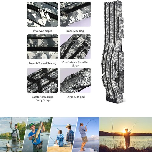 Srempeom 3 Layers Fishing Pole Bag,Portable 3 Layers Oxford Folding Rod Carry Case,Fishing Reel Tackle Storage Bag Case,120cm/47.2inch