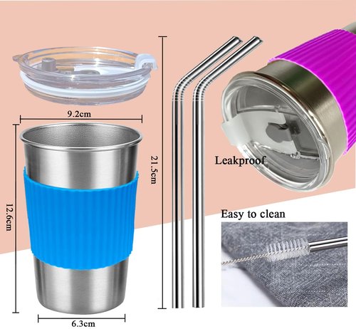 Navmudin Cups with Lids and Straws, 17oz 4 Pack Reusable Leakproof Stainless Steel Cups, BPA Free Unbreakable Metal Coffee/Beer/Smoothie Camping Cup(Black&Blue&Pink&Purple)