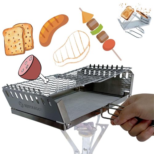 Bestargot 10" Campfire Grill & Camping Toaster for Backpacking Stove Top, Stainless Steel, Foldable, Portable, Compact - Camping Grates Over Fire Pit for Wood Stoves