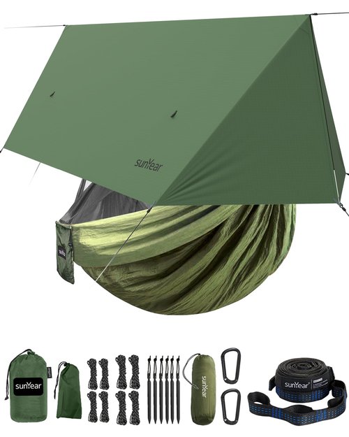 Sunyear Camping Hammock with Net and Hammock Tent Rain Fly Bundle - Perfect for Hiking, Backpacking, Outdoor Sleeping and Camping Survival