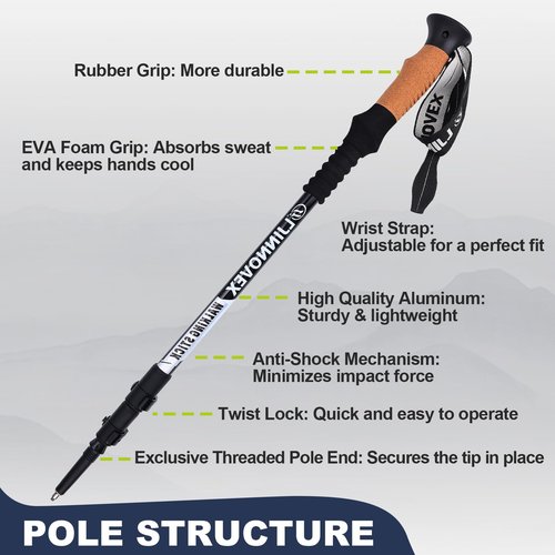 LJINNOVEX Trekking Poles - Lightweight, Telescopic, Adjustable Hiking Poles with Quick Flip Lock, 7075 Aluminum, Anti Shock Walking Sticks for All Terrain, Men and Women, 2 Pack, Black