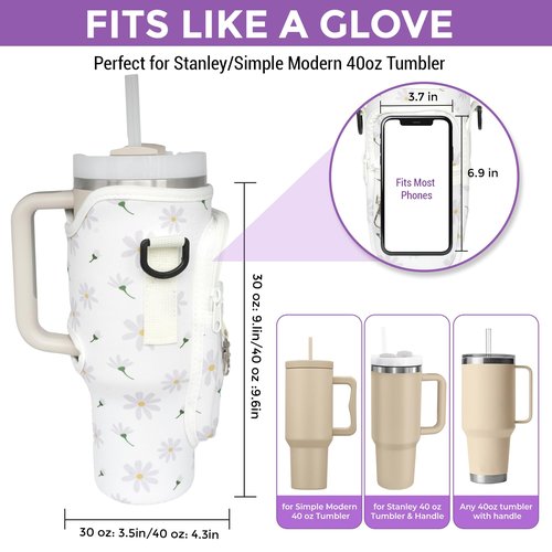 Uniquely Zia Stanley 40oz Tumbler Crossbody Bag with Adjustable Strap, Zipper Pocket and Key Holder (Daisy Print)