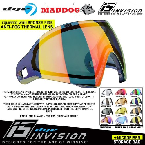 Maddog Dye i5 Thermal Dual-Pane Anti-Fog Lens Paintball Airsoft Mask Goggle System Combo with Microfiber Storage Bag | High Performance Safety Certified Protection - Fire 2.0 - Black/Red