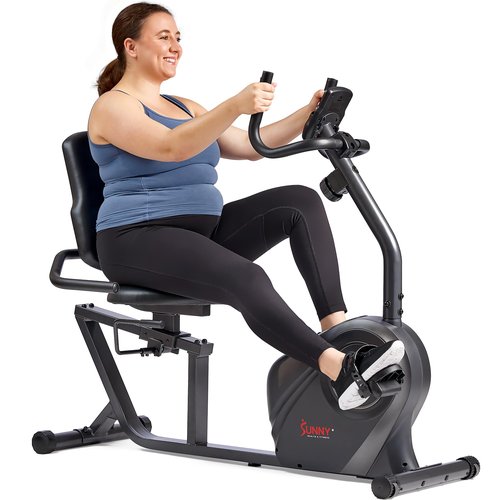 Sunny Health & Fitness Heavy-Duty Recumbent Smart Bike, Wide Cushioned Seat & Back, Cycling Workout Machine, Bicycle Exercise for Adult/Seniors at home, Exclusive Free SunnyFit App Bluetooth Link