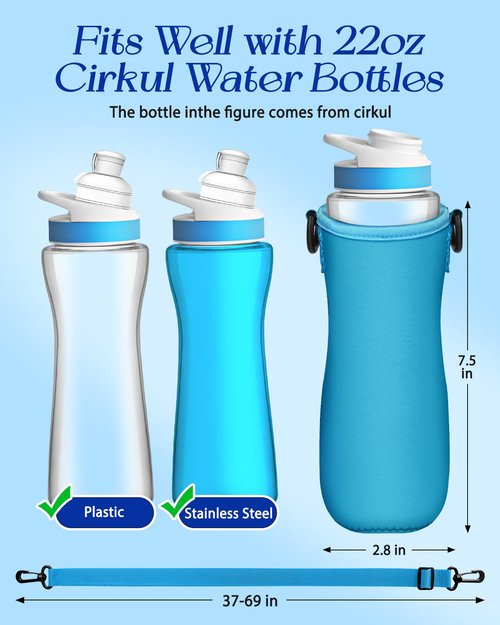 Toykee Water Bottle Sleeve with Pouch for Cirkul 22 oz - Blue Crossbody Shoulder Strap Detachable Phone Purse with Bottles Cover Holder Carrier Bag