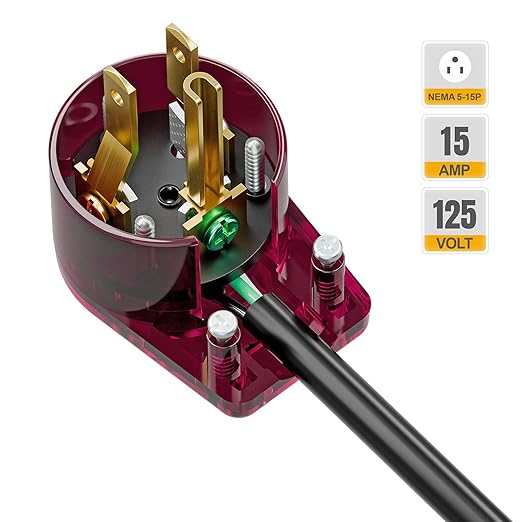 2 Pack Nema 5-15P Plug, 90 Degree Right Angle Plug 15A 125V Angled Plug, Nema 5-15P DIY AC Plug, USA 3-Prong Household Right Angle AC Plug, Red Color ETL Verified