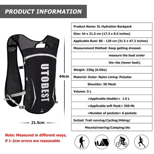 UTOBEST Running Vest 5L Black Vest Only with 2 Pack 250ml Soft Flask