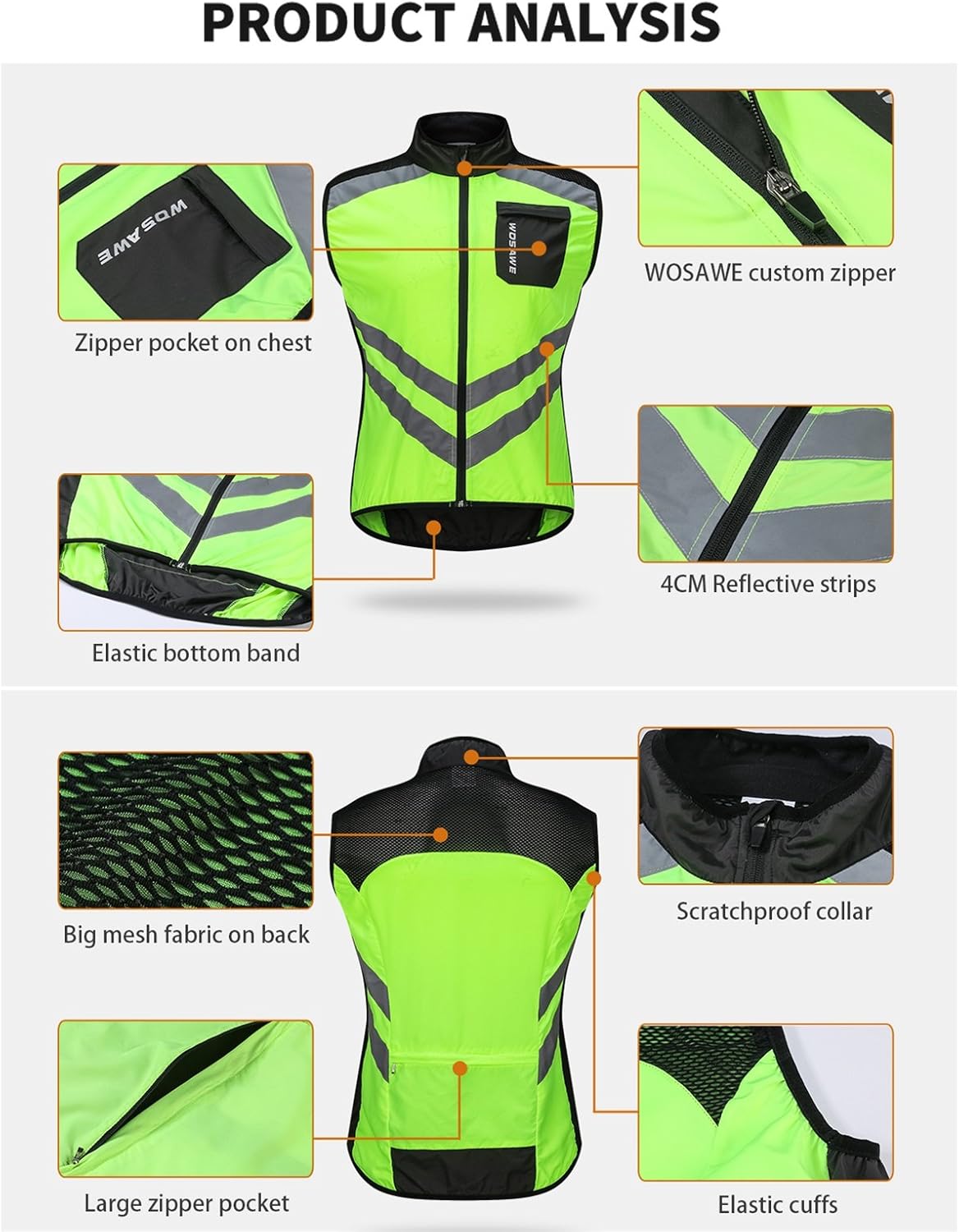 WOSAWE Men's High Visibility Cycling Wind Jacket Water Resistance Reflective Windbreaker