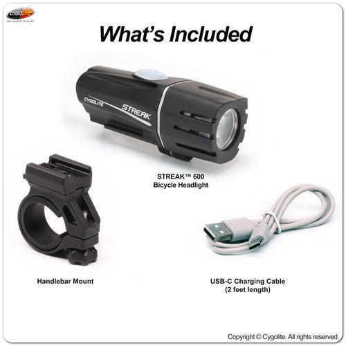 Cygolite Streak 600 Lumen Bicycle Light – 7 Light Modes – Use Day and Night – Compact, Durable, IP67 Waterproof– Secure Hard Mount– USB-C Rechargeable – for Road, Mountain, Commuter Bicycles