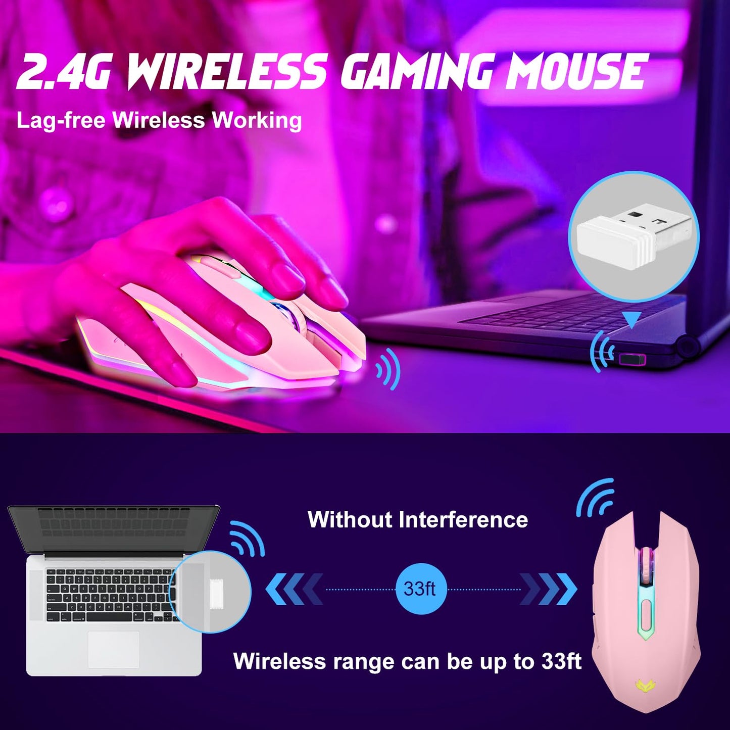 Wireless Gaming Mouse, Rechargeable Wireless Computer Mouse, 7-Color LED Light, Ergonomic Mouse with 6 Silent Click Buttons, 3 Adjustable 2400 DPI Wireless Mouse for Laptop,PC,Mac, Black