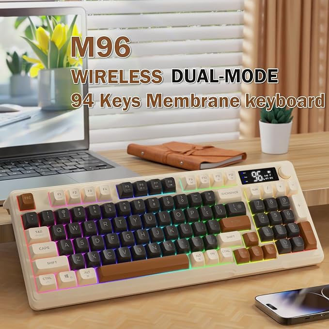ZIYOU LANG M96 Wireless Gaming Silent Membrane Keyboard,Display Screen & Knob with Multimedia Keys Dual Mode Bluetooth/2.4Ghz,Rainbow Backlight 94Keys Ball Shape PBT Keycap ANSI Layout for Win/Mac