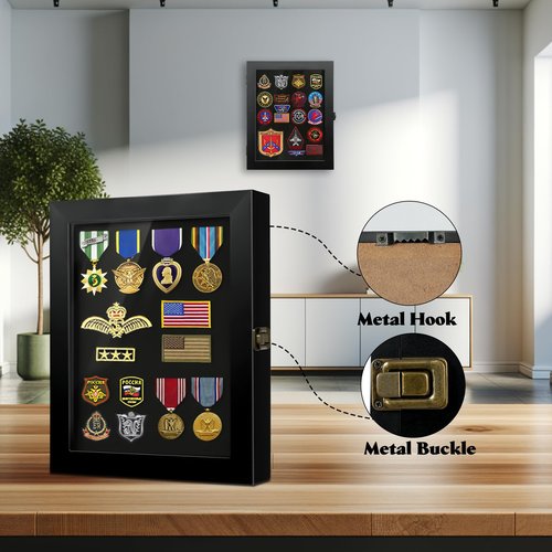 Pin Display Case, 11 x 14 Solid Wood Lapel Pin Display Box with HD Tempered Glass for Military Medal Badge Velcro Patch Board