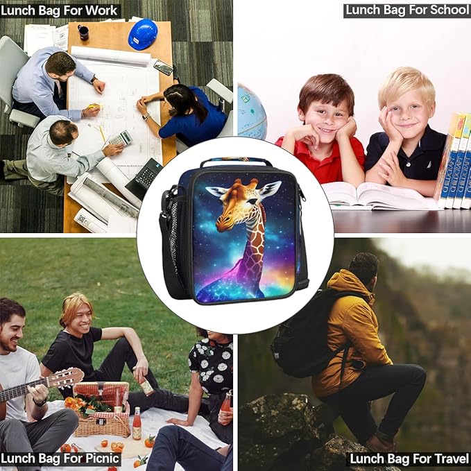 Galaxy Rainbow Giraffe Insulated Lunch Bag for Girls Boys Teen Cute Colorful Reusable Lunch Box with Shoulder Strap Freezable Thermal Cooler Bag Meal Prep for School Travel Picnic Beach Lunch Pail