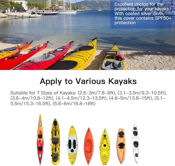 GYMTOP 7.8-18ft Waterproof Kayak Cover - Storage Dust Cover UV Protection Sunblock Shield for Fishing Boat/Kayak/Canoe 7 Sizes [Light Blue(Upgraded), Suitable for 12.3-13.5ft Kayak]
