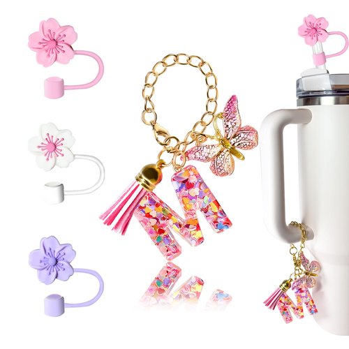 Compatible with Stanley Cup Accessories, Letter Charm and 3Pcs Silicone Straw Cover, 0.4" 10MM Straw Toppers for Stanley 30 40 oz Tumbler, Pink Initial Letter Charm with Butterfly and Tassel, Letter M