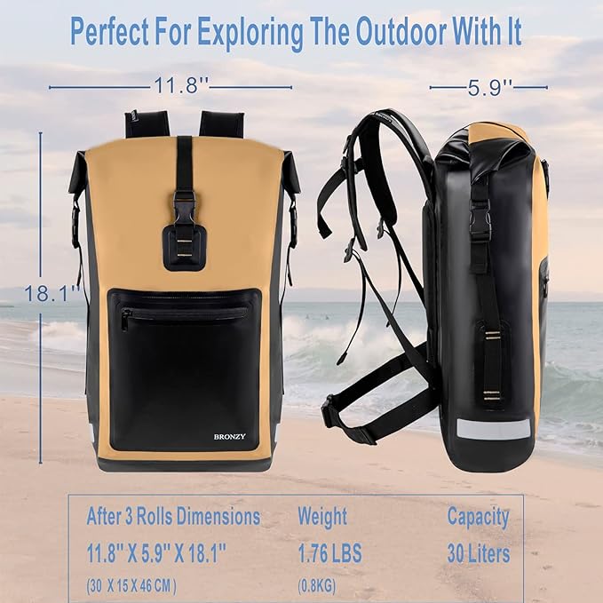 BRONZY Waterproof Backpack Dry Bag 30L Roll Top Closure With Front Zippered Pocket Heavy Duty Breathable Foam Padded Backing For Kayaking Camping Boating Hiking Beach (Khaki)