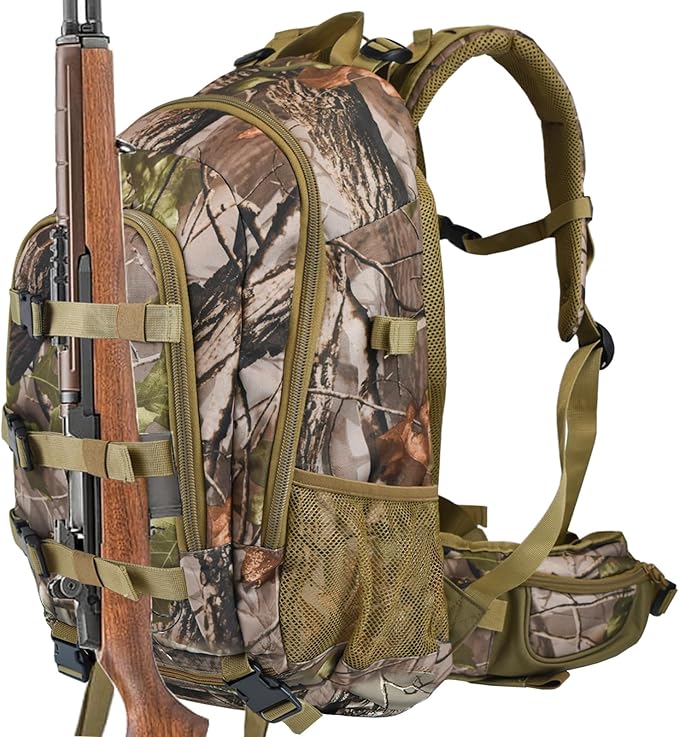 AUMTISC 40L Hunting Bag Backpack with Rifle Holder for Men, Waterproof Camo Hunting Day Back Pack with Rain Cover for Gun Bow