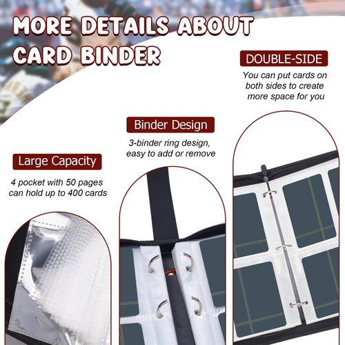 Baseball Card Binder 400 Pockets, HYMENEX Trading Card Binder 4-Pocket Fits 400 Cards with Removable Sleeves for Baseball/Sports/Game Cards