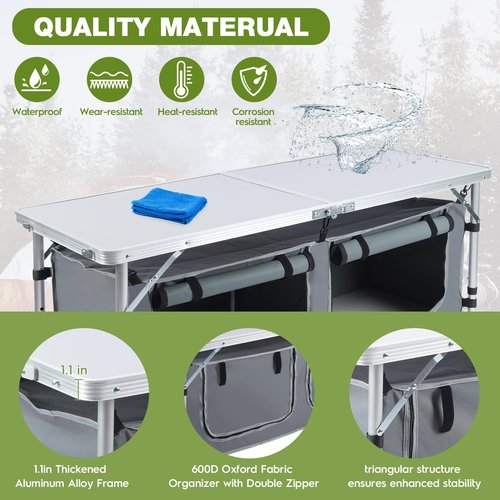 Pnbfhn Outdoor Folding Camping Table with Storage Organizer, Portable Aluminum Composite Panel Lightweight Table, 3 Adjustable Height, for Indoor, BBQ, Party, Picnic, Hiking, Beach