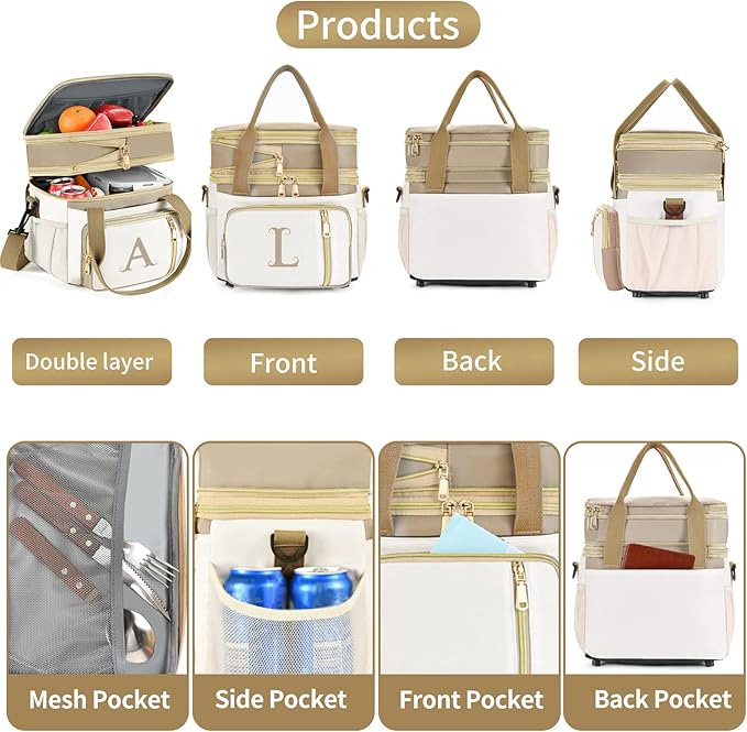 LOKASS Personalized Lunch Bag for Women Work, 16L Initial Insulated Lunch box for Adult/Womens Gift, Leakproof Personalized Gift Lunchbag with Adjustable Shoulder Strap, Cooler Bag Beige - X
