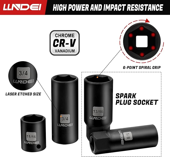 LLNDEI 3/8”Drive Impact Socket Set,Standard SAE(5/16 to 3/4-Inch) Metric Size(8-22mm), 95 Piece, CR-V Steel Deep&Shallow Kit, Adapters, Ratchet Handle, Screwdriver Bit Set, Spark Plug Socket, 6 Point