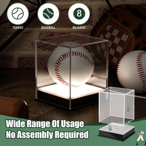 Wonderjune Baseball Display Case with LED Light Acrylic Baseball Display Cube UV Protected Softball Display Case Light up Display Case for Memorabilia Baseball Autographed Baseball