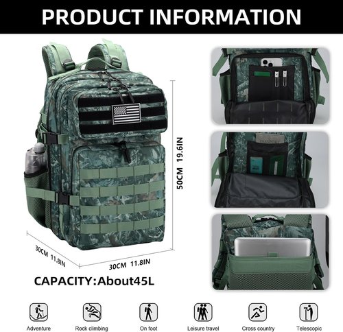 BAIXINGBAGS 45L Large Travel backpack for men Military Backpack with DIY System for Travel, gym,camo backpack,Work,Camping,Hunting,Hiking,Sports,Tactical