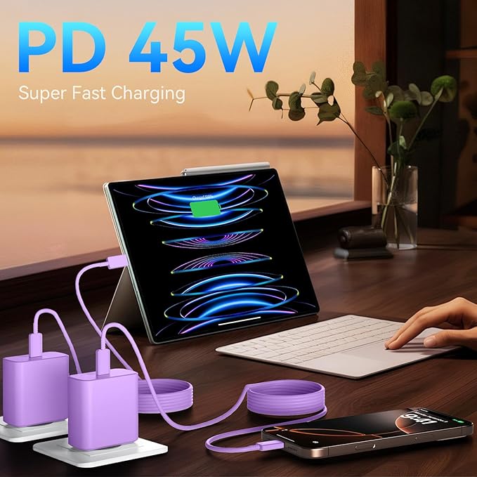 Phone 16 Pro Max Charger Fast Charging, 45W Super Fast USB C Charger Block with 10FT Long Charging Cord Cable for Phone 16 Pro Max/16 Pro/16/16 Plus,15 Pro Max/15 Pro/15,Android Phone-Purple