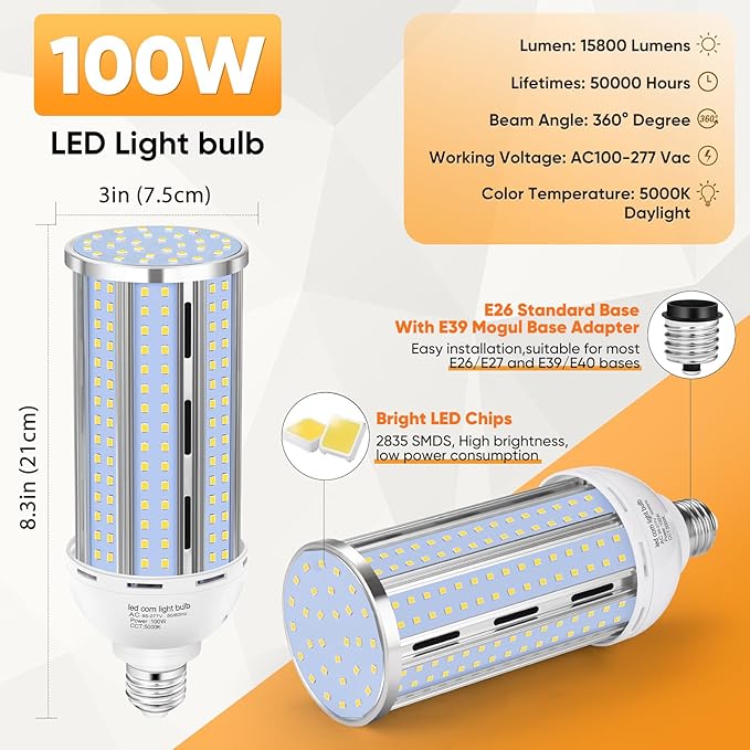 4 Pack 100W Corn LED Light Bulb Fanless,5000K Daylight(1000 Watt Equivalent) E26/E39 Large Mogul Base LED Cob Lamp 15,800LM for Outdoor Indoor Garage Warehouse Factory Workshop Street Backyard