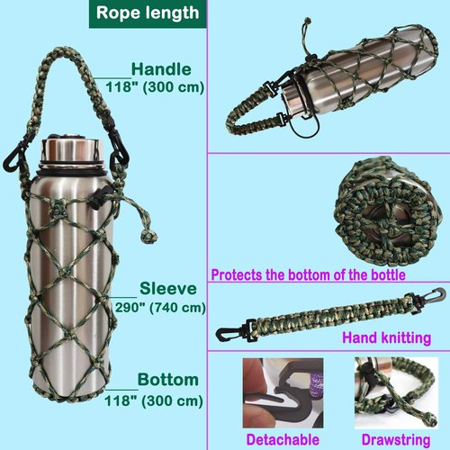 CigyYogy Paracord Water Bottle Holder for Hiking & Survival Adjustable Paracord Sleeve with Emergency Rope Fits 40 oz Bottles, Durable Outdoor Gear for Camping, Backpacking - Pack of 2 (Black,Camo)