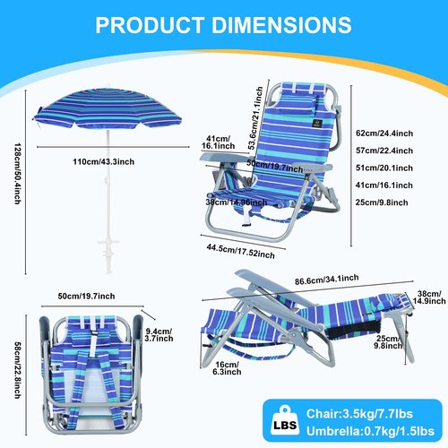 Nice C Toddler Beach Chair, Kids Beach Chair with Umbrella, Backpack Beach Folding Chairs, Backpack Camping Chairs, 5-Position Reclining, with Cup Holder, for Beach, Camping, Picnic (1 Pack)