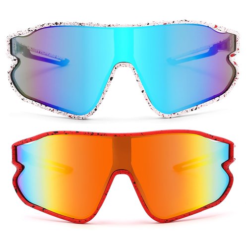 GLARDEFE Kids Baseball Sunglasses - Youth Baseball Sunglasses for Boys Girls - Sports Softball Shades Age 6-14(White/Blue Mirror + Red/Orange Mirror)