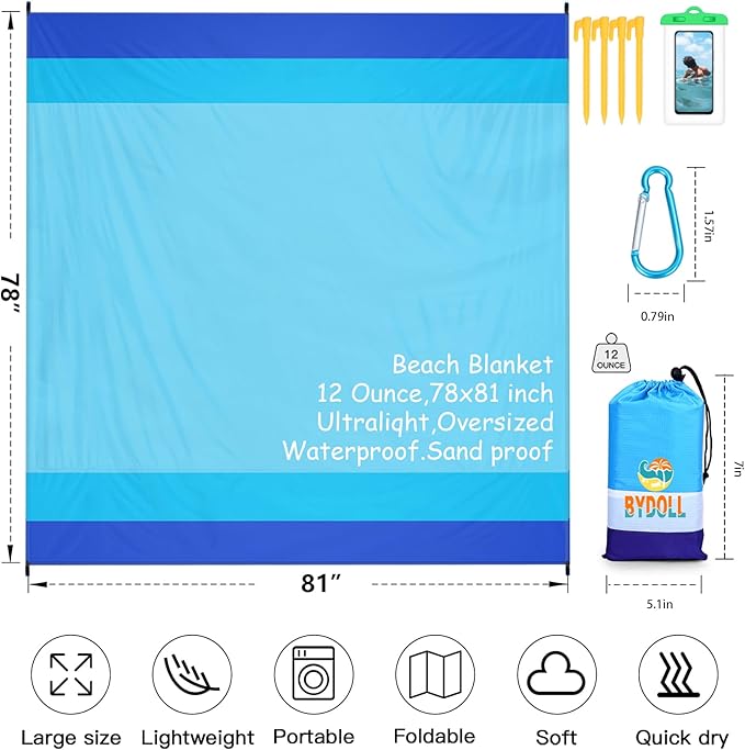 BYDOLL Beach Blanket Waterproof Sandproof 78''×81'' 1-7 Adults Oversized Lightweight Large Picnic Mat Waterproof Sandproof Blanket for Beach