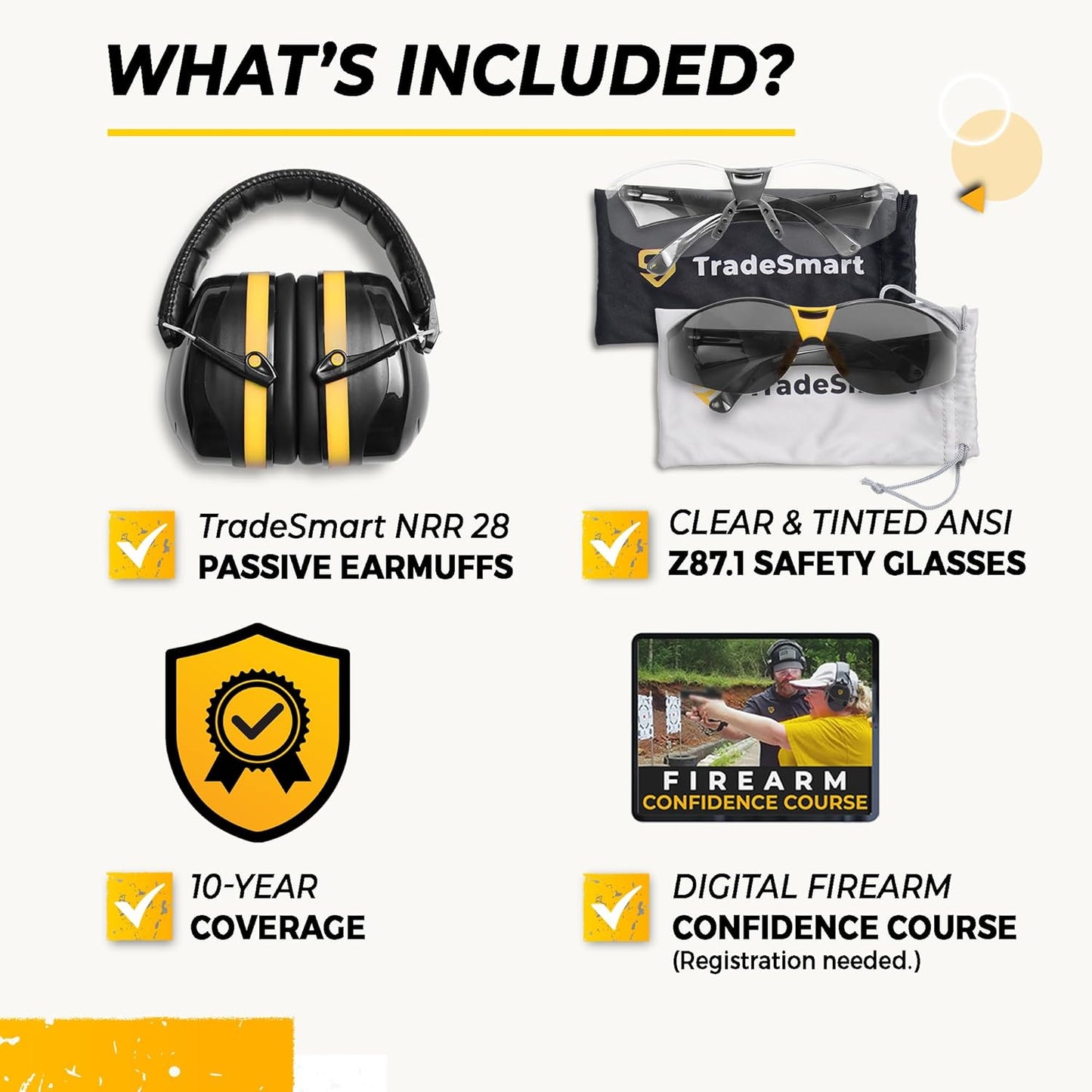TradeSmart High-Performance Earmuffs for Shooting Range & Shooting Eye Protection Glasses + Firearm Confidence Course
