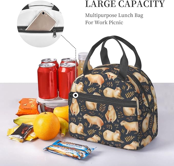 bassyil Capybaras Lunch Box Reusable Insulated Totes Lunch Bag Thermal Cooler Adjustable Shoulder Strap Bag for Men Women