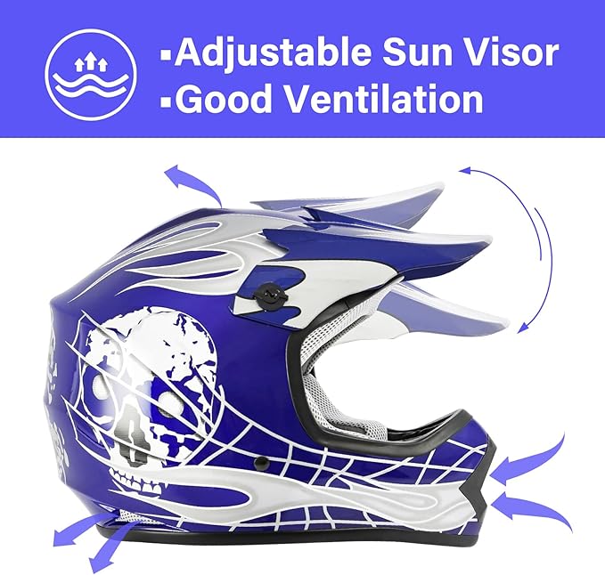 TCT-MOTORPARTS DOT Youth Kids Motocross ATV Helmets Offroad Street Dirt Bike Go-Kart BMX MX Full Face Helmet Blue Skull X-Large Size