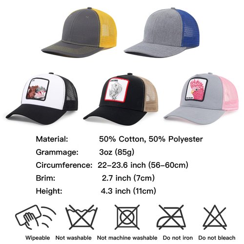 Senro Vientian Animal-Themed Trucker Hat with Polycotton Sweatband & Embroidered Patch, Color Clash Design (E, Parrot, Gray & Pink)