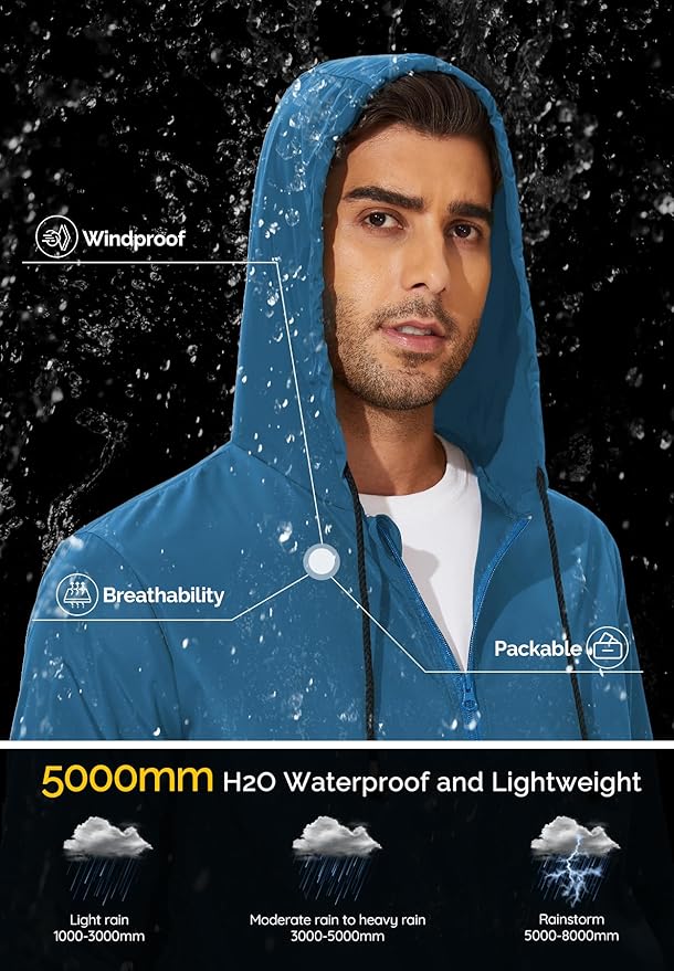 Zando Packable Rain Jacket for Men - Waterproof Hooded Raincoat, Windbreaker for Outdoor Travel Golf - Lightweight Blue L