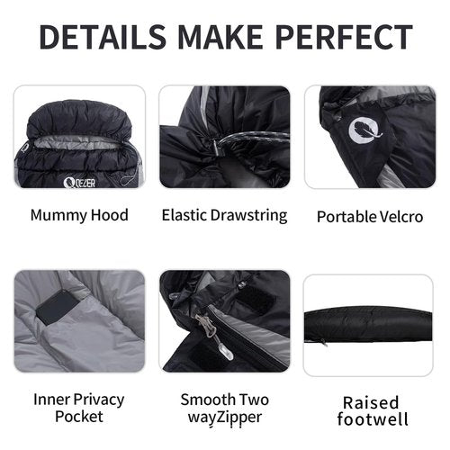 QEZER Down Sleeping Bag for Adults 600 Fill Power Cold Weather Ultralight Sleeping Bag with Compression Sack for Backpacking, Camping, Hiking