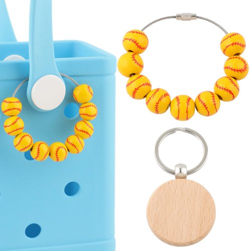 Softball Charms for Bogg Bag,2 Pcs Wooden Beads Sport Charms for Bogg Bag and Blank Wooden Keychain,Decorative Accessories Charms Compatible with Beach Bag,Rubber Tote,Backpack Bag