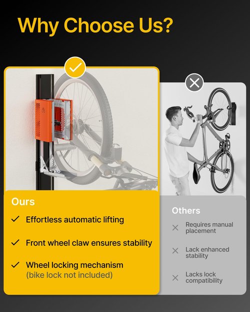 monTEK Automatic Lift EBike Rack – Fits 24-29" Tires, Heavy-Duty Vertical Wall Rack for Bicycles (Up to 71 lbs) - Effortless Lifting, Easy Install - Space-Saving Storage for Garage, Shed, BO