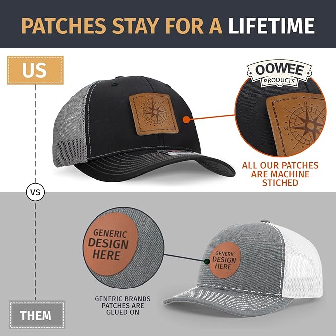 Leather Patch Hat for Men - Richardson 112 Trucker Hat w/Full-Grain Leather Patch, Laser-Engraved, Machine-Stitched