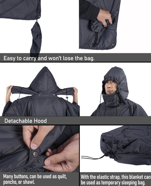 iClimb Hooded 3M Thinsulate Insulation Warm Camping Blanket Wearable Poncho Ultralight Compact (Dark Grey)