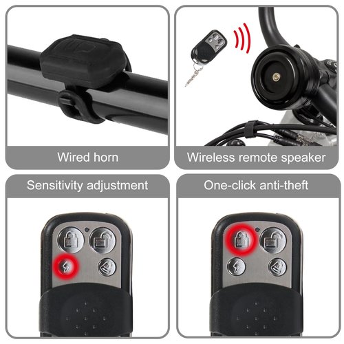 Waterproof Bike Alarm Horn with Remote Control - Eco-Friendly, USB Rechargeable, Powersports Anti-Theft Alarm with Vibration Sensor for e-Bike, MTB, Dirt Bikes, Scooters & Motorcycles