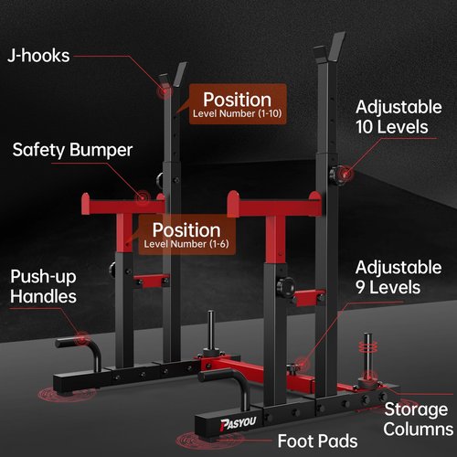 PASYOU Adjustable Squat Rack, Heavy-Duty Gym Rack Stand, Multi-Function Weight Rack Stand with Spotters, Push Up Portable Strength Training Dumbbell Rack, Max Load 550lbs