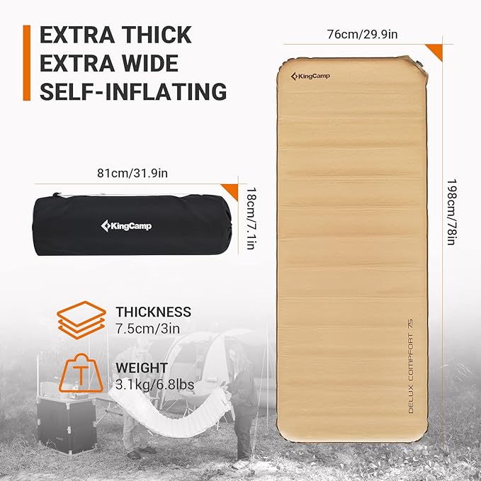 KingCamp Self Inflating Air Mattress, R 6.5 Foam Sleeping Pad for Single Adult 3" Thick Camping Mat Camping Essentials with Perforated Foam Core for Outdoor Tent Cot Car Backpacking (Khaki/Charcoal)