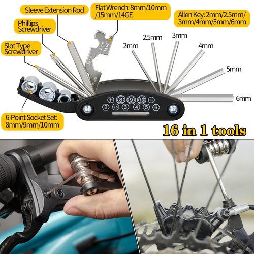 Bike Repair Kit, Bicycle Repair Bag With Tire Pump, Bike Tool Kit for Camping Cycling, 16-in-1 Bike Multitool, Bicycle Tire Repair Kit, 4mm and 5mm Allen Wrenches, Used for Mountain Bike and Road Bike