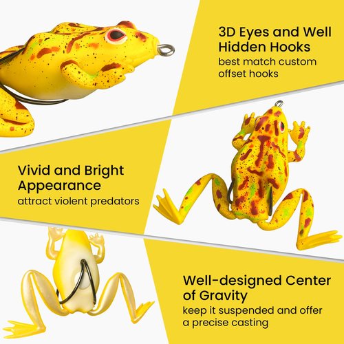 Pristis 3 pcs 4-Legged Frog Lures, Lifelike Topwater Soft Bass Fishing Bait Kit with Hollow Body & Weedless Hook for Saltwater Freshwater, Realistic Eggs Set for Trout Snakehead Pike Muskie Walleye